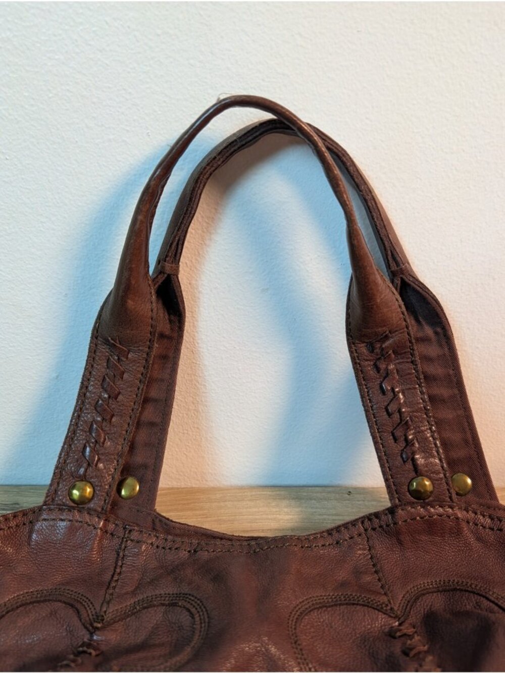 Vintage Lucky Brand Leather Shoulder Bag/ Hobo Purse Brown Flower Patchwork - Picture 4 of 8